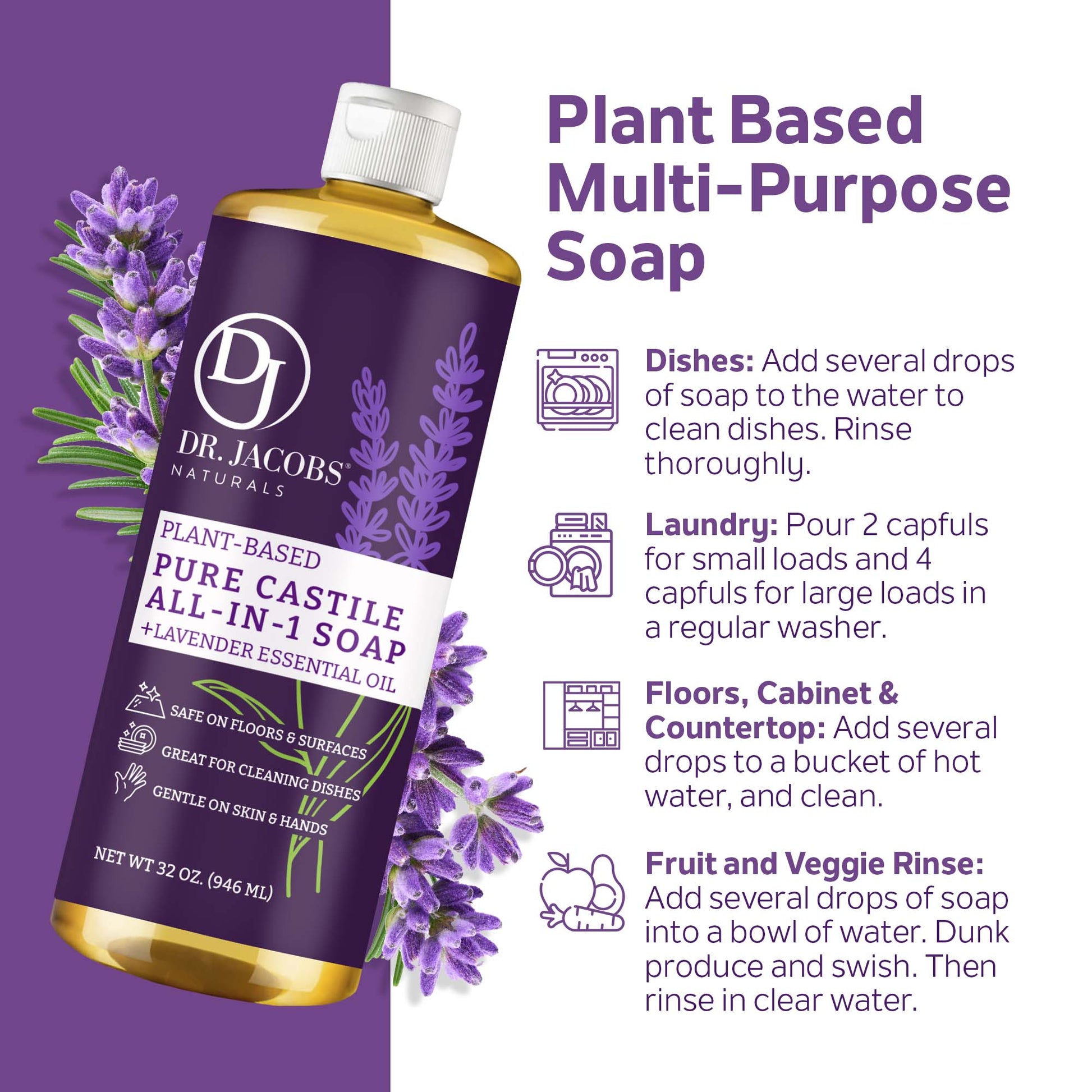 Dr. Jacobs Naturals, Lavender All in 1 Castile Soap - Thin Formula 32 oz