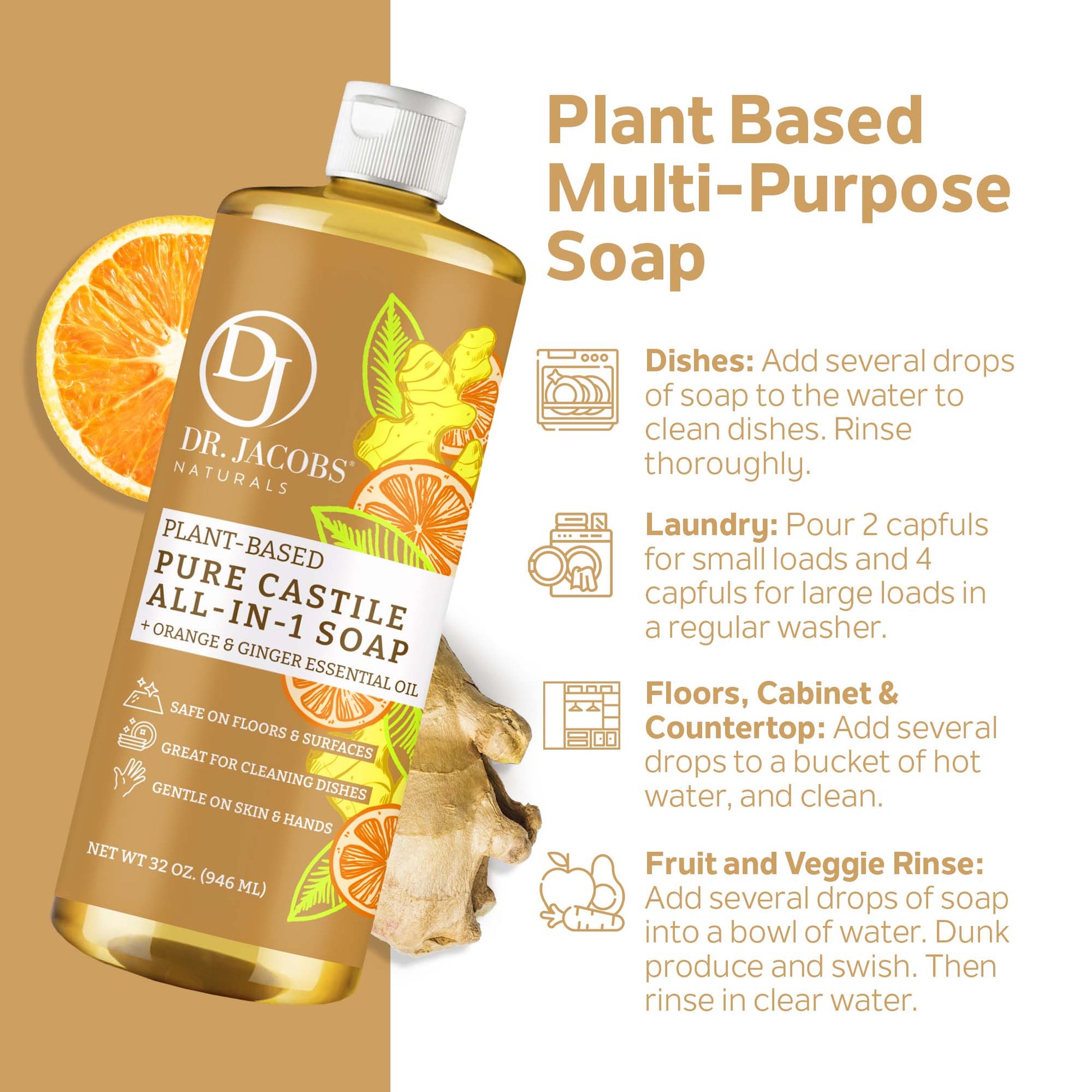 Dr. Jacobs Naturals, Orange & Ginger All in 1 Castile Soap - Thin Formula 32oz