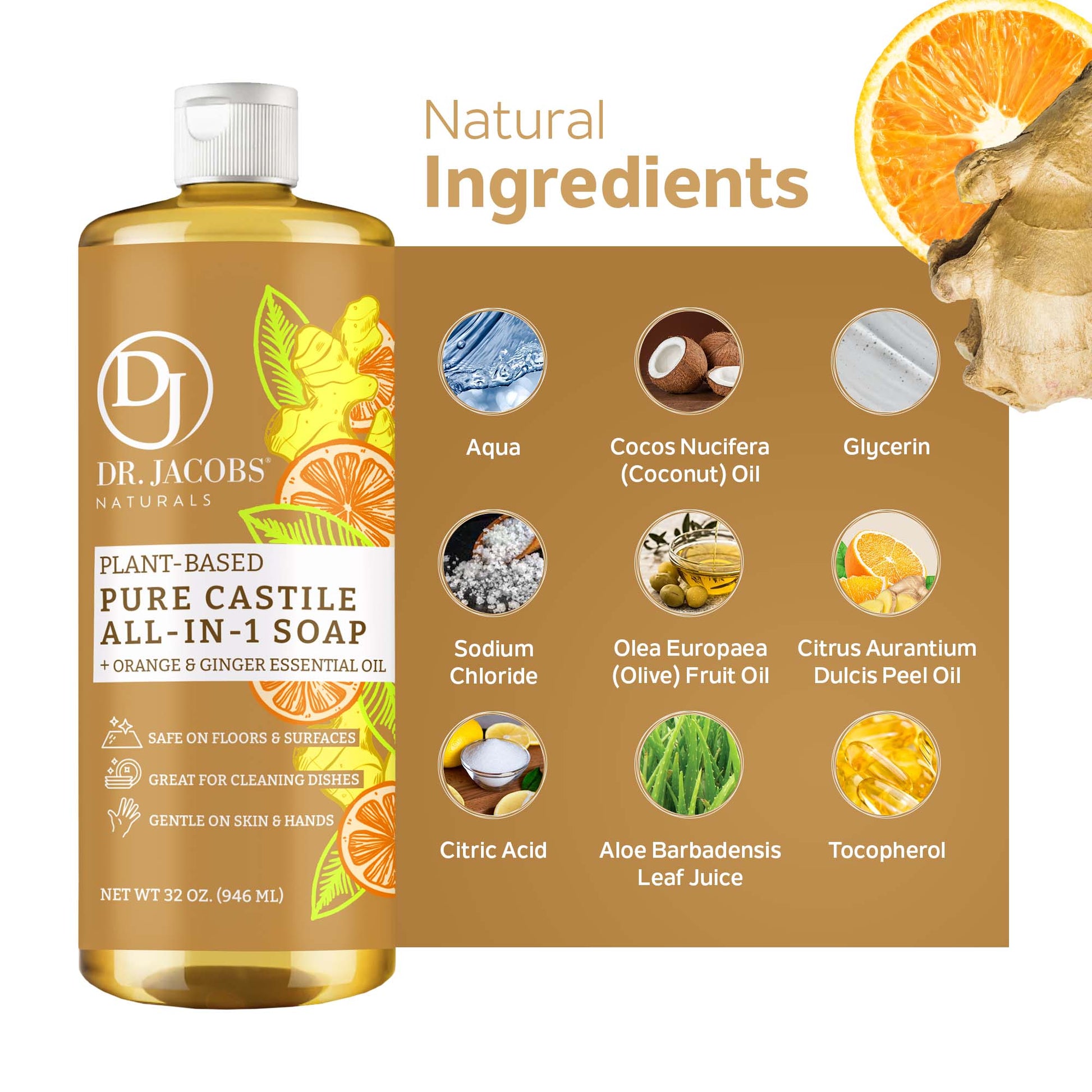 Dr. Jacobs Naturals, Orange & Ginger All in 1 Castile Soap - Thin Formula 32oz