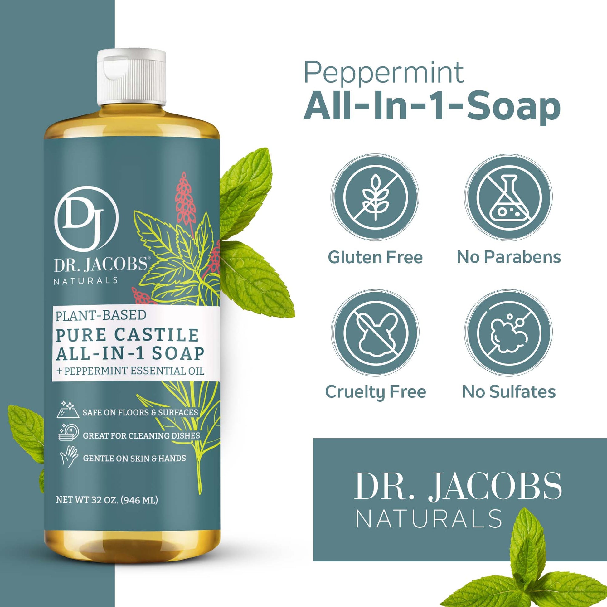 Dr. Jacobs Naturals Peppermint All in 1 Castile Soap - Thin Formula 32oz