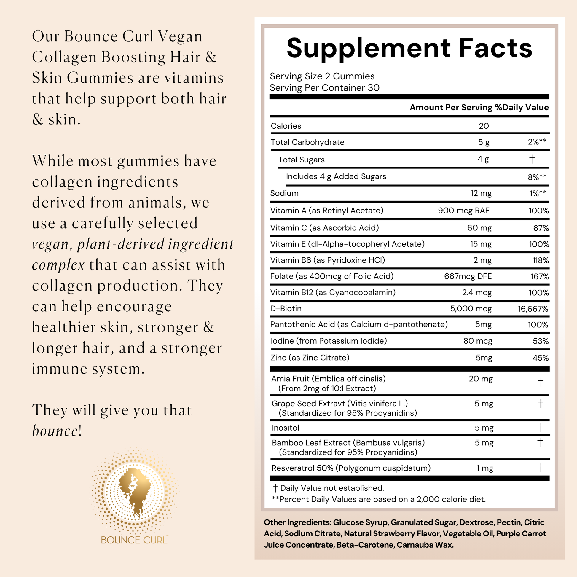 Bounce Curl Vegan Collagen Boosting Hair & Skin Gummies
